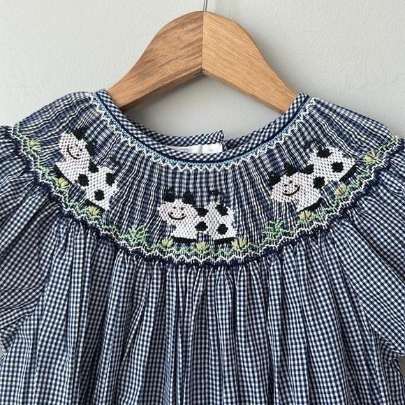Rosalina Smocked Gingham Embroidered Cow Dress puff sleeve 5 - Picture 2 of 8